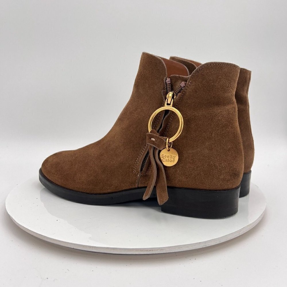 See By Chloe Women Size Eu 39.5 US 9.5 Brown Suede Leather Side Zip Ankle Boot - Picture 7 of 16